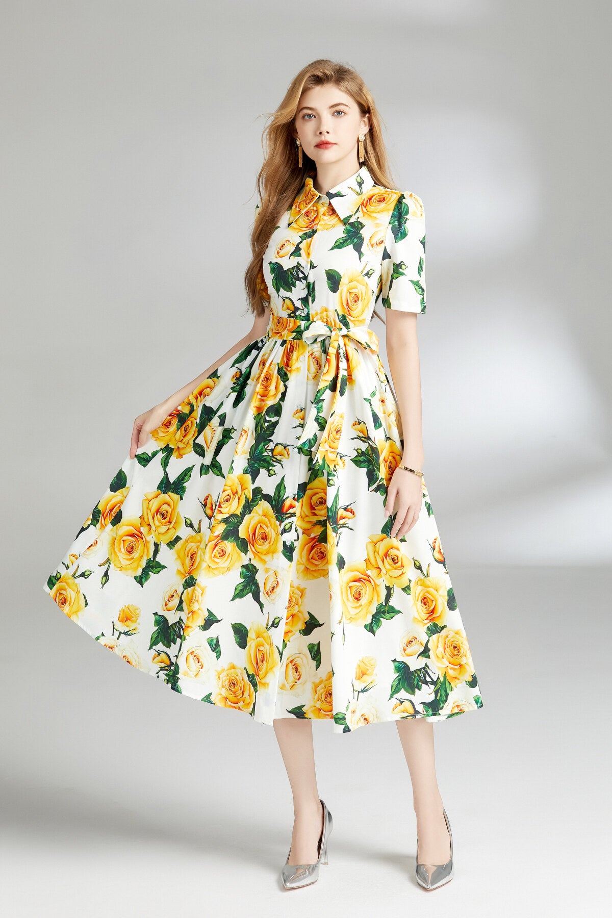 summery floral midi shirt dress all yellow 3