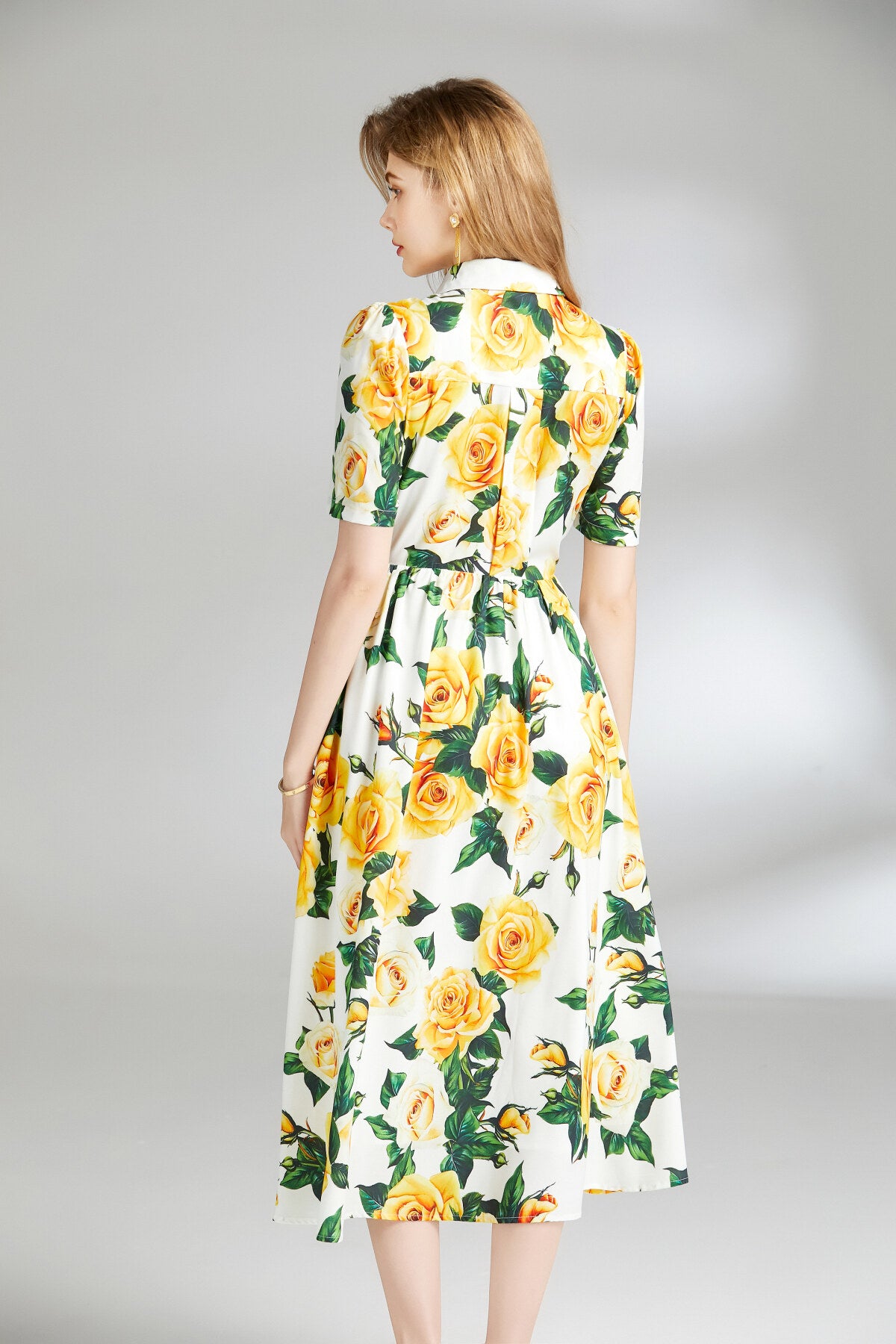 summery floral midi shirt dress all yellow 4