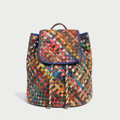 Sunset Multicolor Woven Leather Flap Backpack – Tropical Diamond Weave Drawstring Daypack