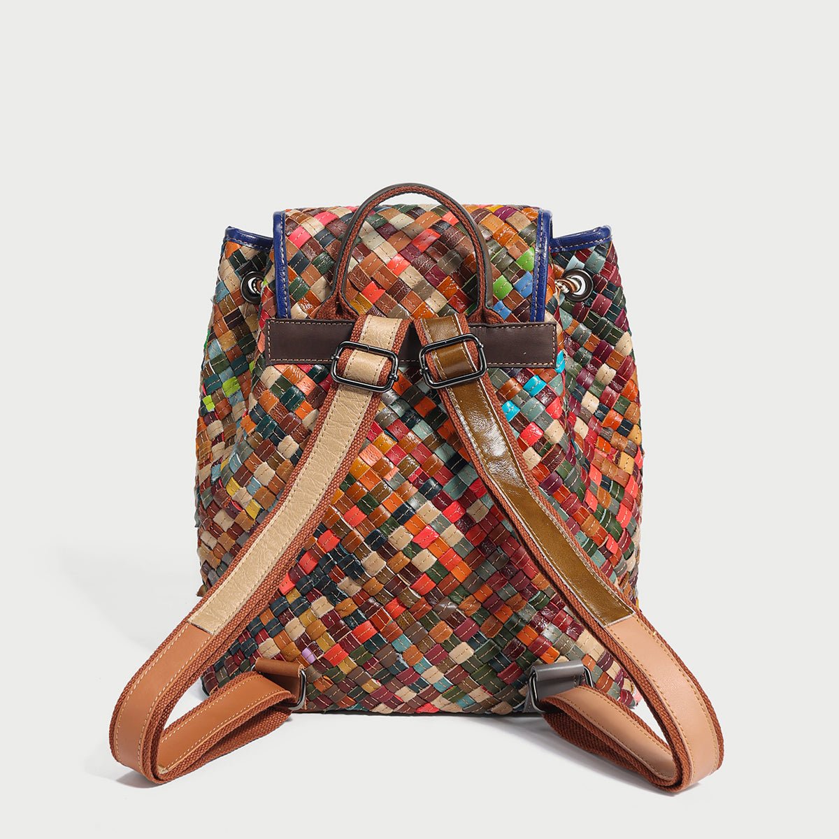 Sunset Multicolor Woven Leather Flap Backpack – Tropical Diamond Weave Drawstring Daypack