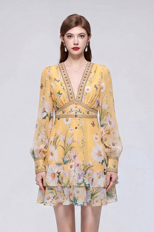 Sunshine Yellow Daisy & Butterfly Mini Dress