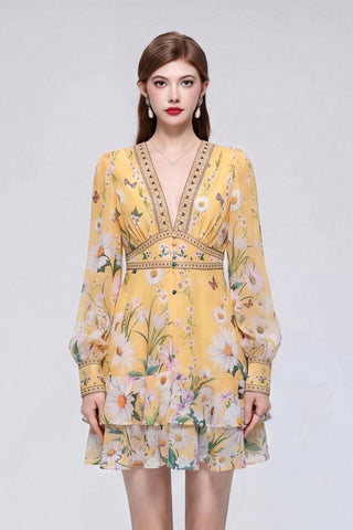 Sunshine Yellow Daisy & Butterfly Mini Dress