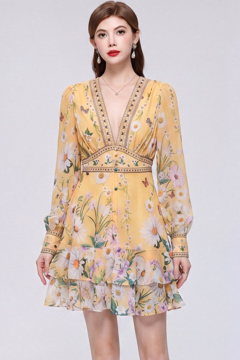 Sunshine Yellow Daisy & Butterfly Mini Dress