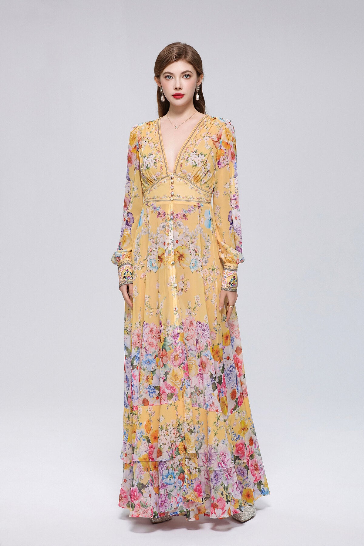 Sunshine Yellow Floral Bouquet Maxi Dress
