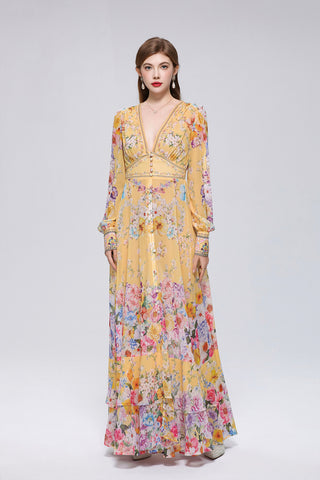 Sunshine Yellow Floral Bouquet Maxi Dress