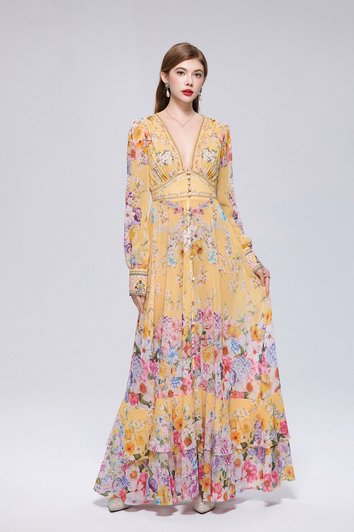 Sunshine Yellow Floral Bouquet Maxi Dress