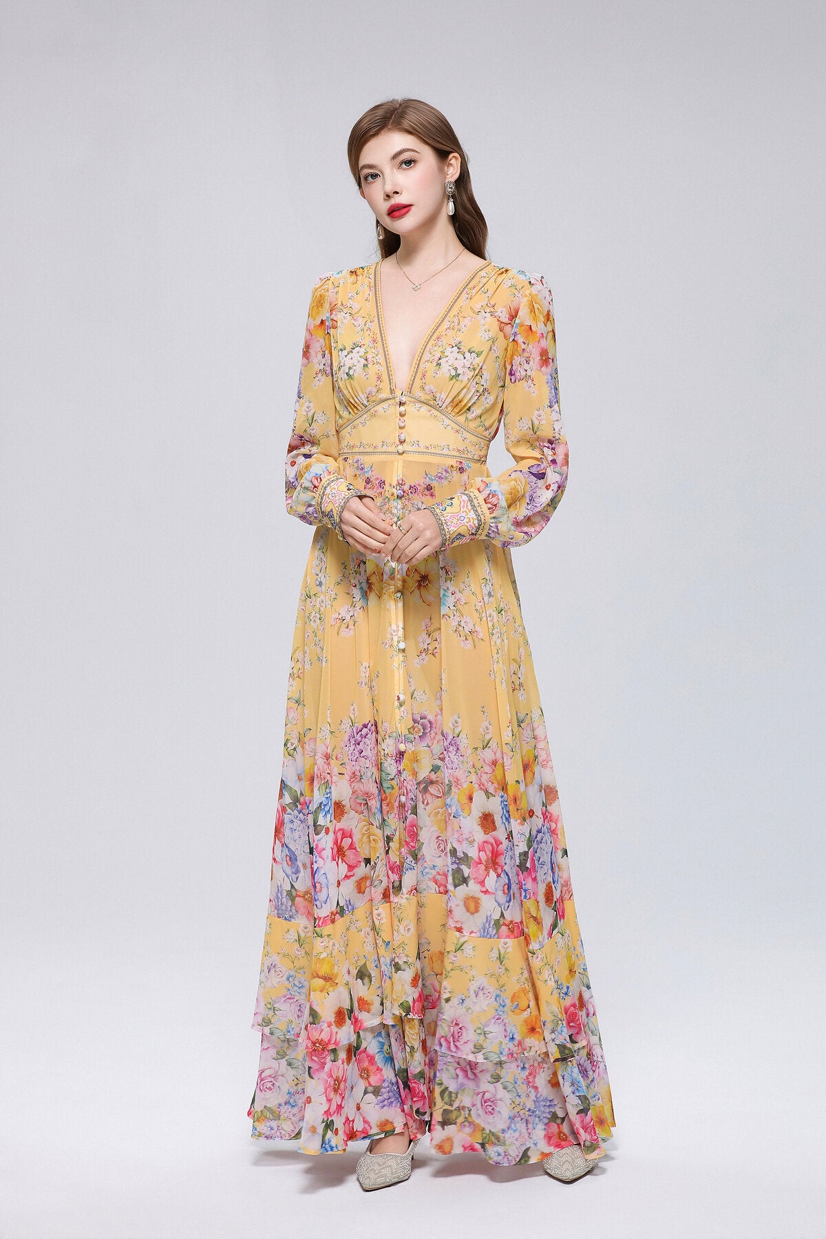 Sunshine Yellow Floral Bouquet Maxi Dress
