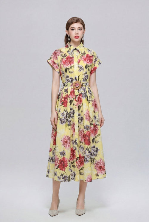 Sunshine Yellow Peony Floral Belted Shirt Midi Dress