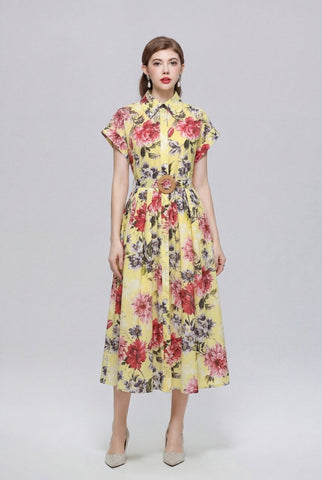Sunshine Yellow Peony Floral Belted Shirt Midi Dress