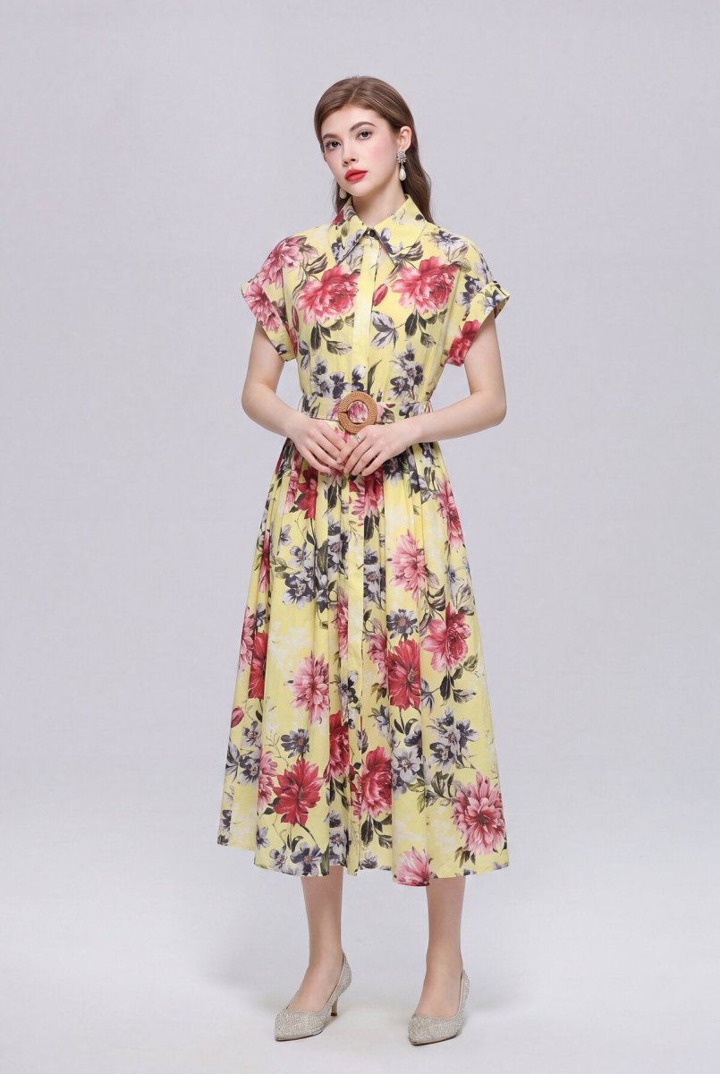 Sunshine Yellow Peony Floral Belted Shirt Midi Dress