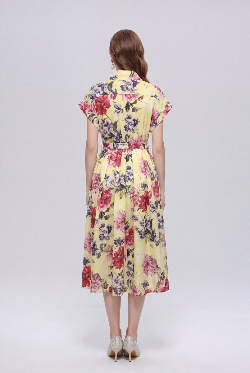 Sunshine Yellow Peony Floral Belted Shirt Midi Dress