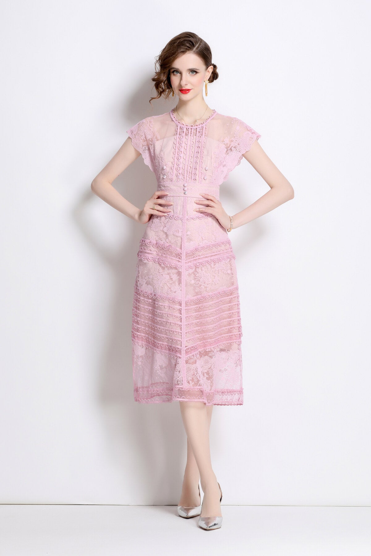 sweet floral embroidered tea dress all pink 3