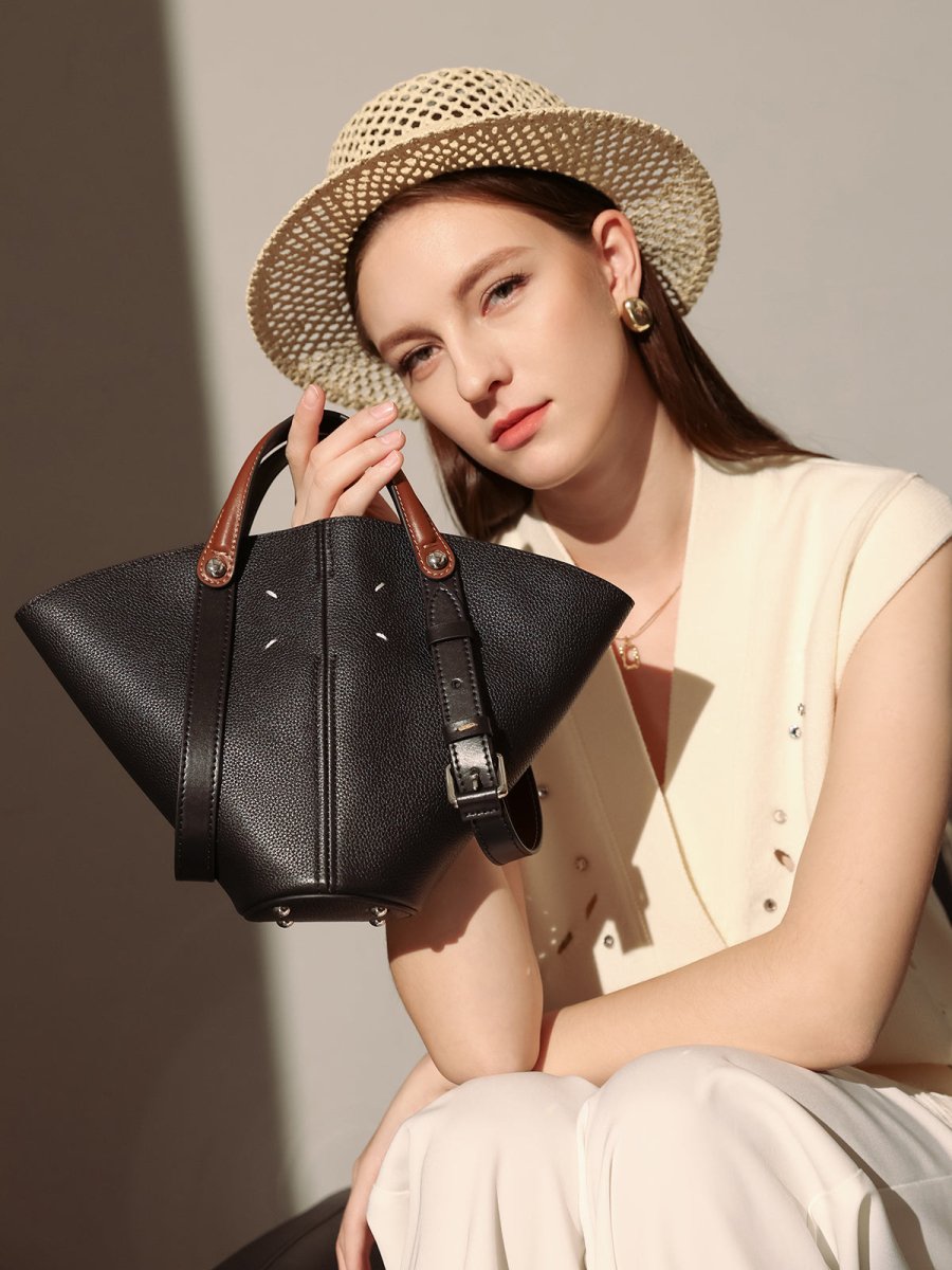 Taormina Sculptural Pebbled Leather Bucket Bag – Trapeze Top Handle Tote with Adjustable Crossbody Strap