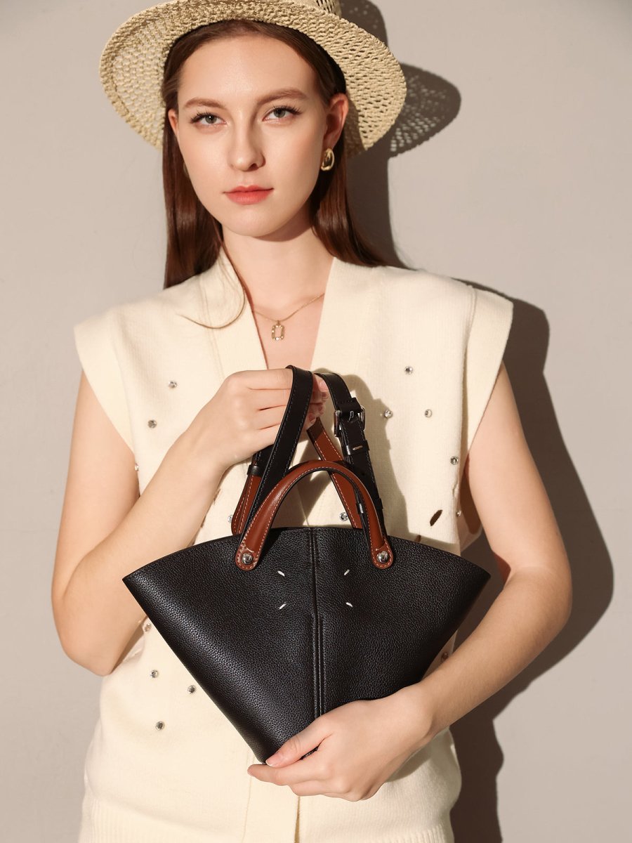 Taormina Sculptural Pebbled Leather Bucket Bag – Trapeze Top Handle Tote with Adjustable Crossbody Strap