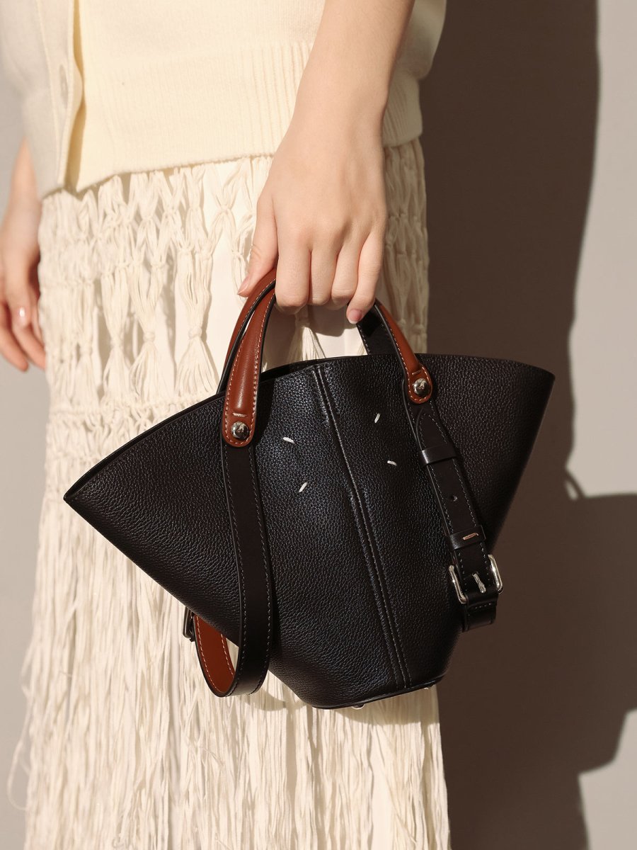 Taormina Sculptural Pebbled Leather Bucket Bag – Trapeze Top Handle Tote with Adjustable Crossbody Strap