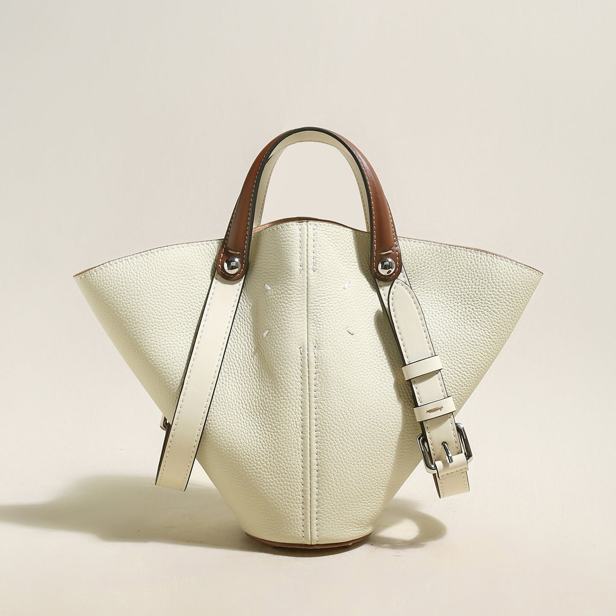 Taormina Sculptural Pebbled Leather Bucket Bag – Trapeze Top Handle Tote with Adjustable Crossbody Strap