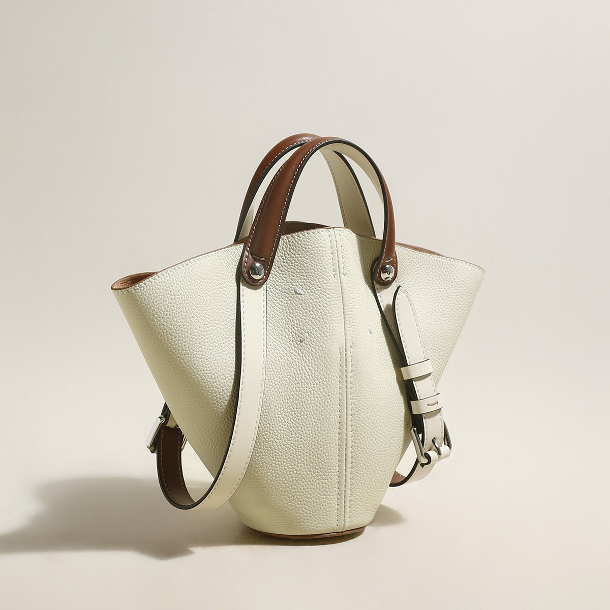 Taormina Sculptural Pebbled Leather Bucket Bag – Trapeze Top Handle Tote with Adjustable Crossbody Strap
