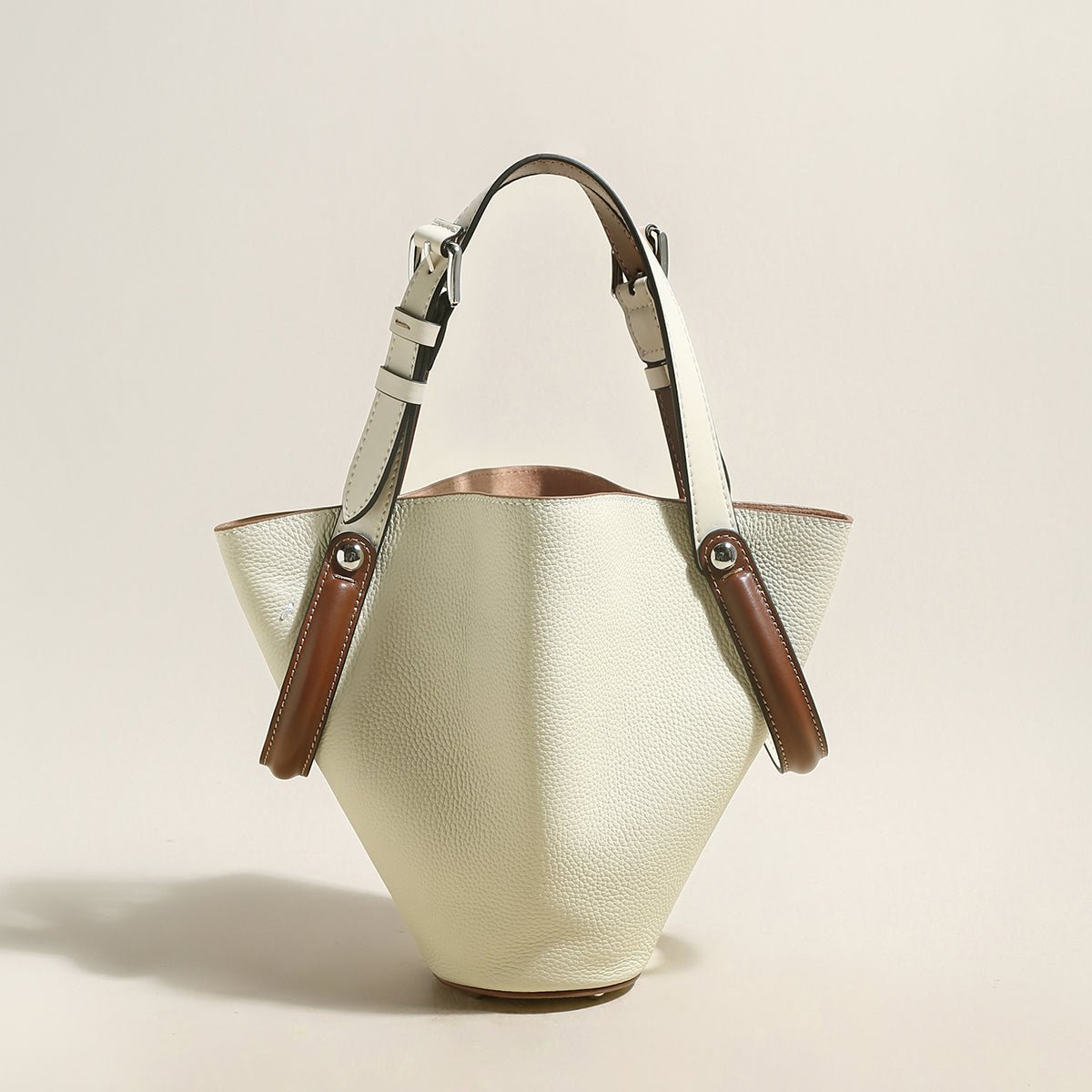 Taormina Sculptural Pebbled Leather Bucket Bag – Trapeze Top Handle Tote with Adjustable Crossbody Strap
