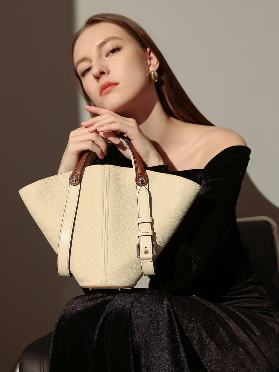 Taormina Sculptural Pebbled Leather Bucket Bag – Trapeze Top Handle Tote with Adjustable Crossbody Strap