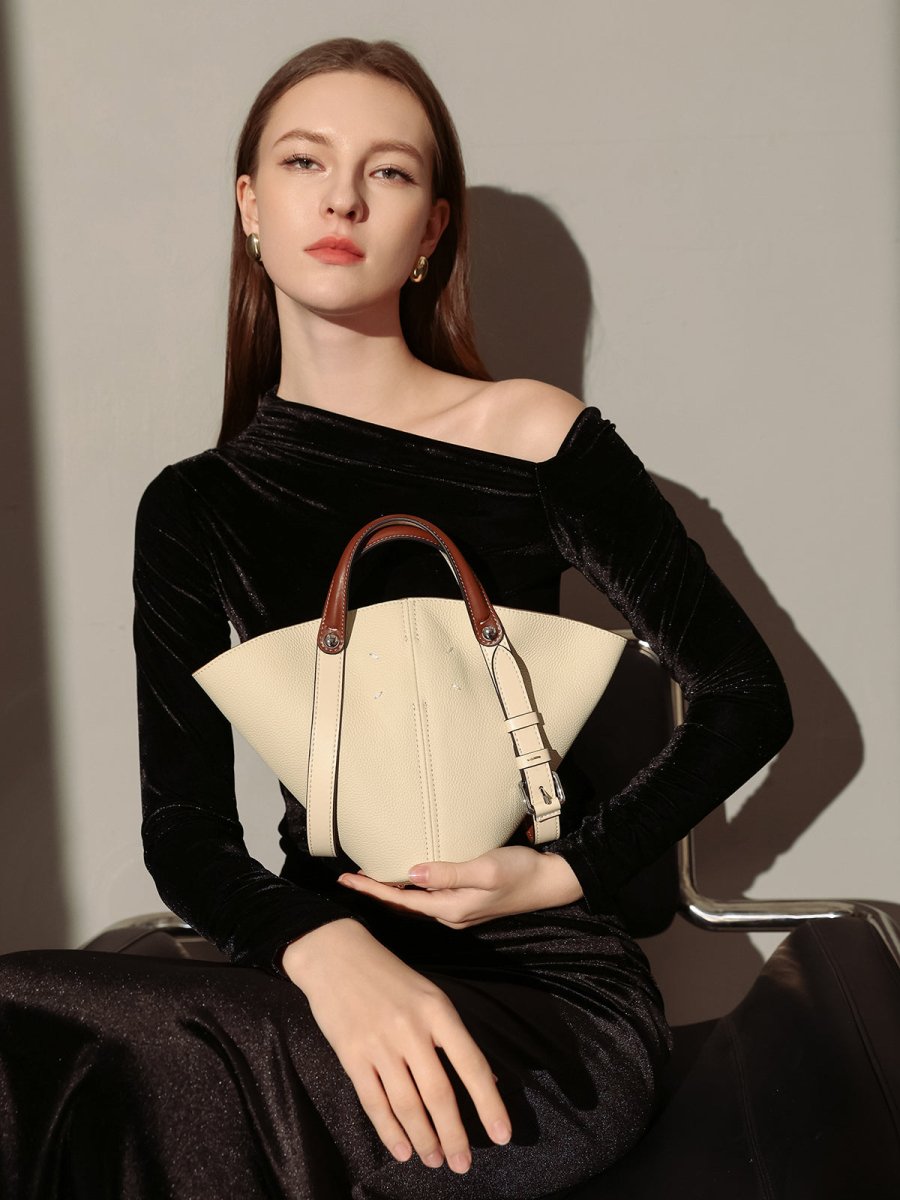 Taormina Sculptural Pebbled Leather Bucket Bag – Trapeze Top Handle Tote with Adjustable Crossbody Strap