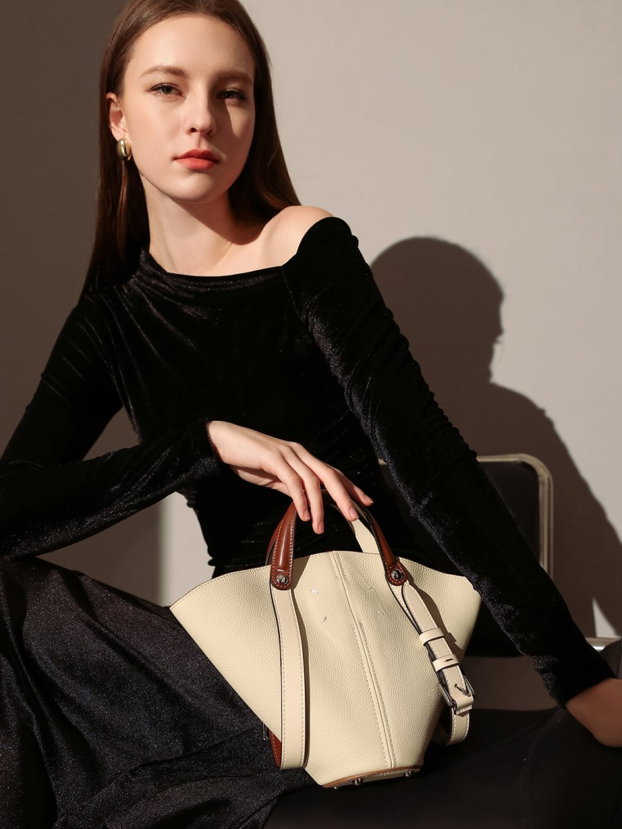 Taormina Sculptural Pebbled Leather Bucket Bag – Trapeze Top Handle Tote with Adjustable Crossbody Strap