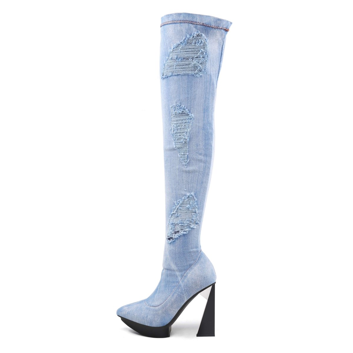 tattered light denim over the knee boots all blue 1