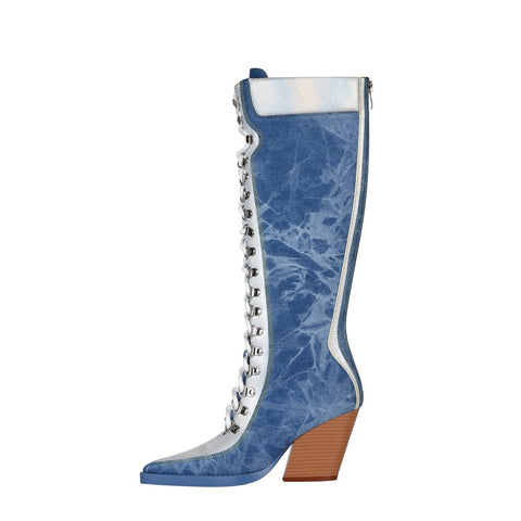 Texas Denim Lace Up Knee High Boots
