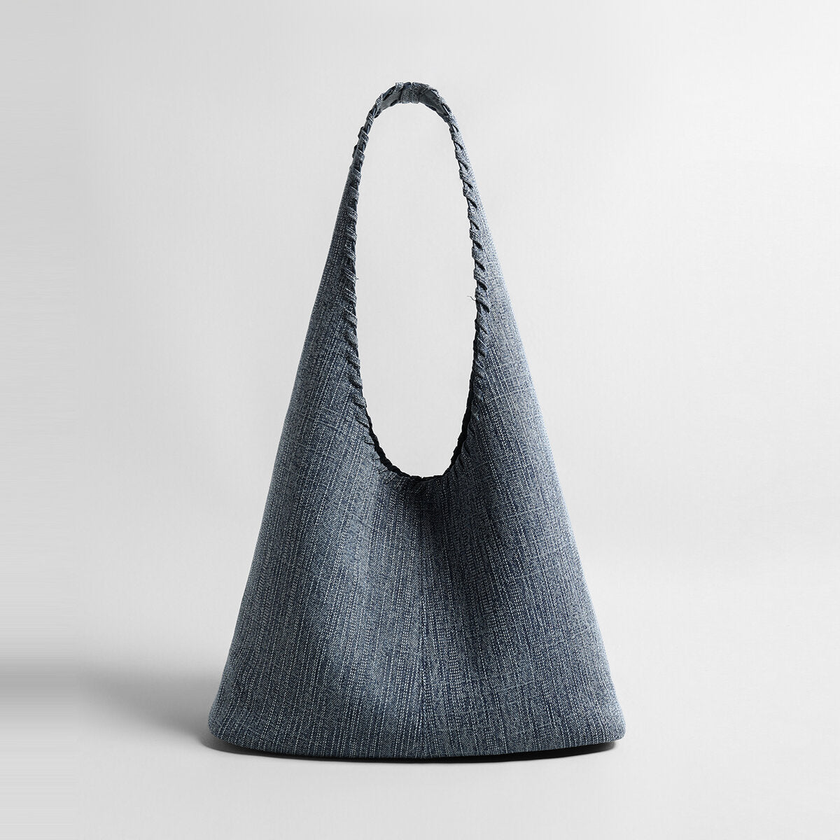 Textured Denim-Style Woven Hobo Tote Bag – Whipstitch Trim Shoulder Bag with Leather Lining
