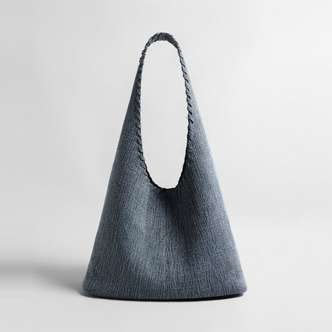 Textured Denim-Style Woven Hobo Tote Bag – Whipstitch Trim Shoulder Bag with Leather Lining