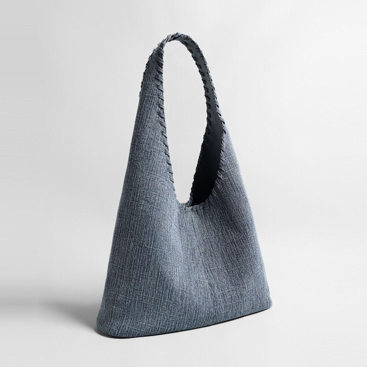 Textured Denim-Style Woven Hobo Tote Bag – Whipstitch Trim Shoulder Bag with Leather Lining