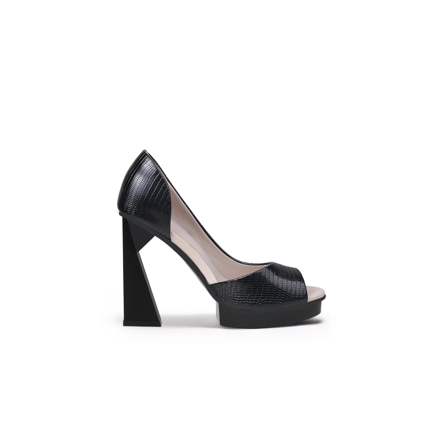 textured open toe trape heel pumps all black 3