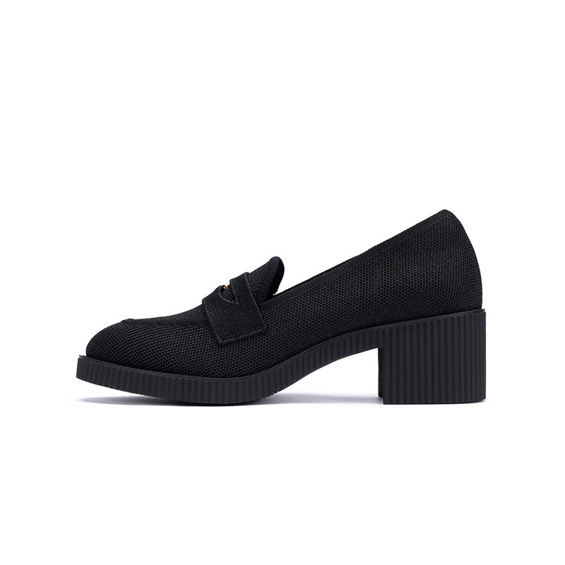 thick soled block heel versatile slip on loafers all black 1