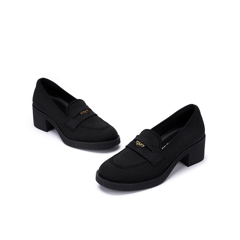 thick soled block heel versatile slip on loafers all black 2
