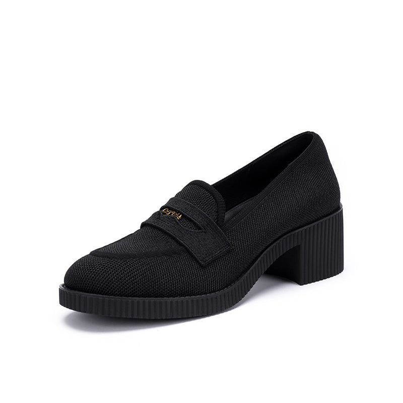 thick soled block heel versatile slip on loafers all black 4