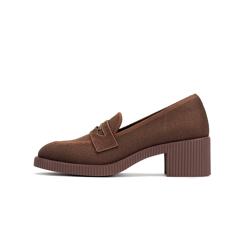 thick soled block heel versatile slip on loafers all brown 1