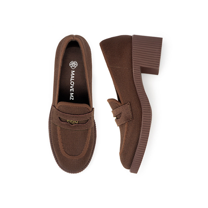 thick soled block heel versatile slip on loafers all brown 4