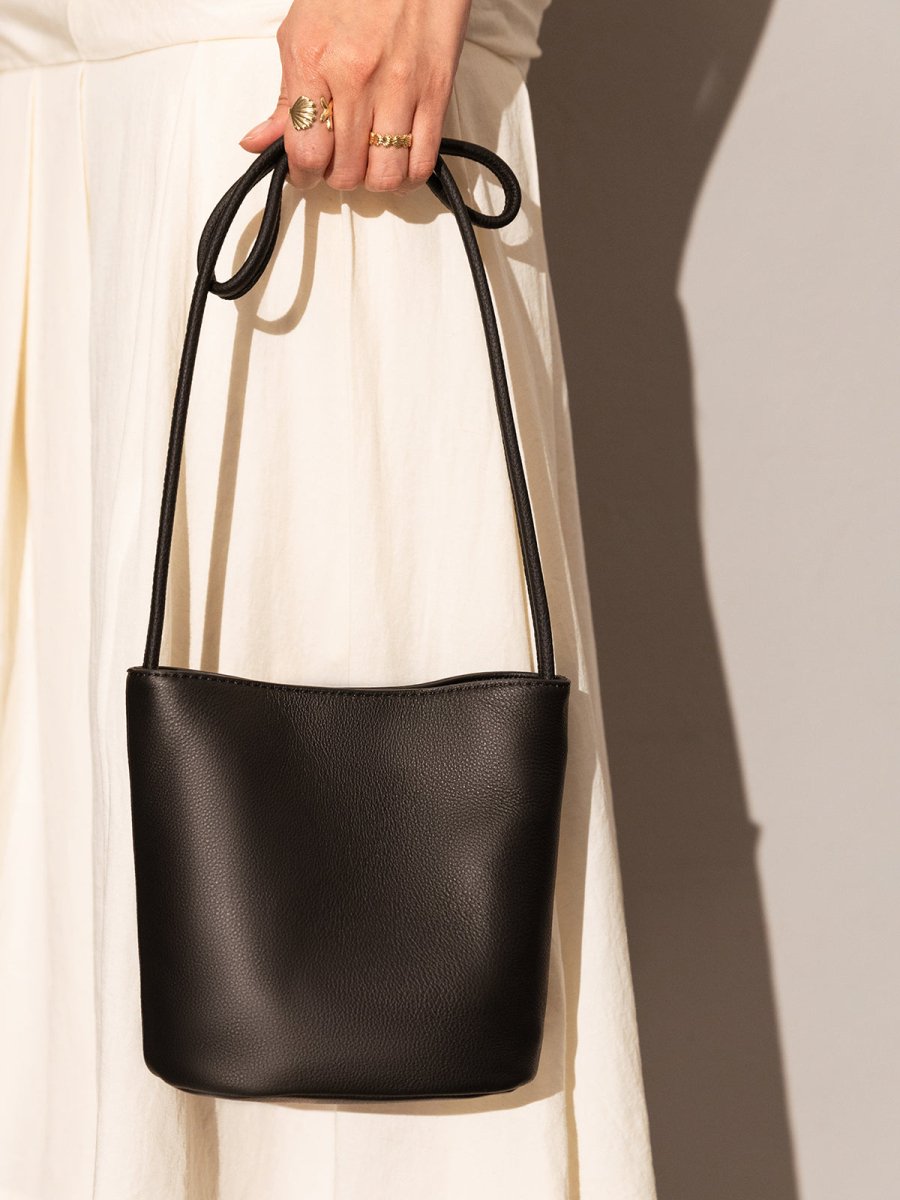 Thin Strap Waterproof Leather Bucket Bag – Minimalist Pebbled Leather Shoulder Bag with Knotted Detail