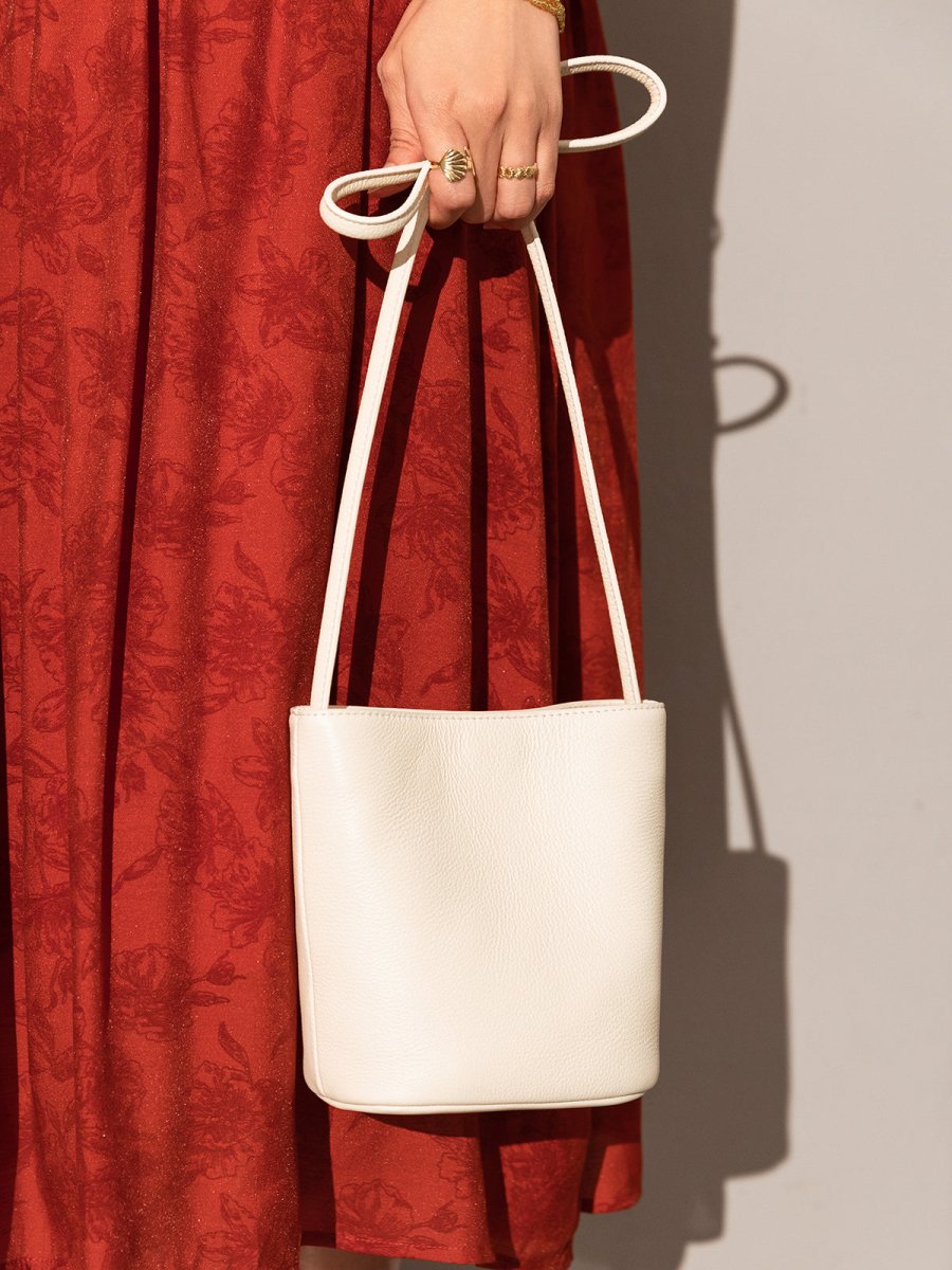 Thin Strap Waterproof Leather Bucket Bag – Minimalist Pebbled Leather Shoulder Bag with Knotted Detail