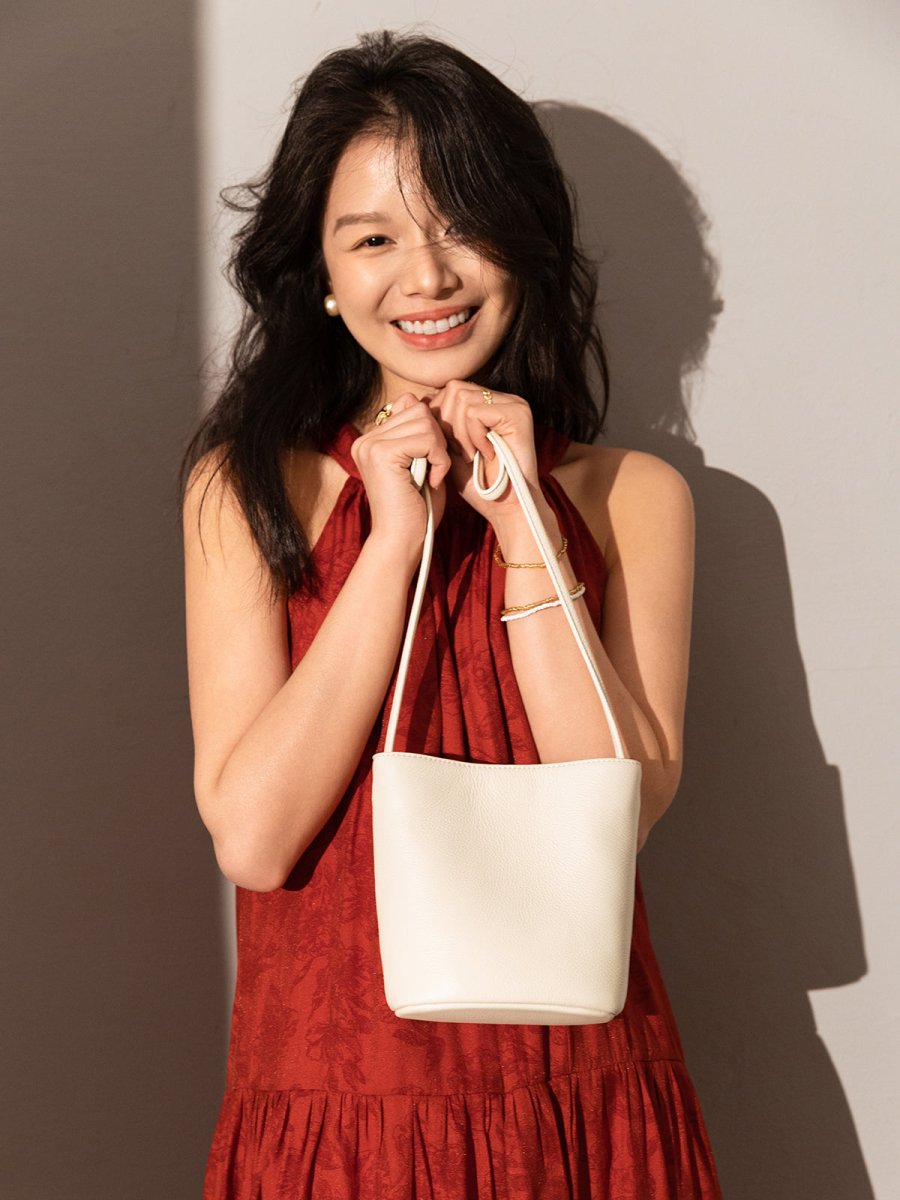Thin Strap Waterproof Leather Bucket Bag – Minimalist Pebbled Leather Shoulder Bag with Knotted Detail