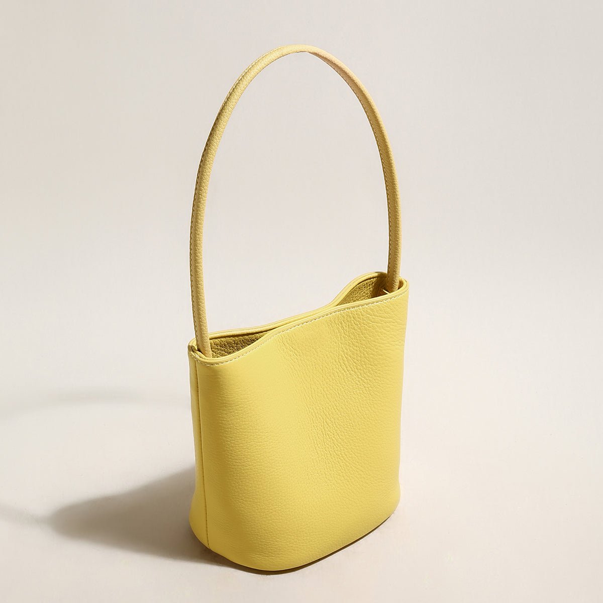 Thin Strap Waterproof Leather Bucket Bag – Minimalist Pebbled Leather Shoulder Bag with Knotted Detail