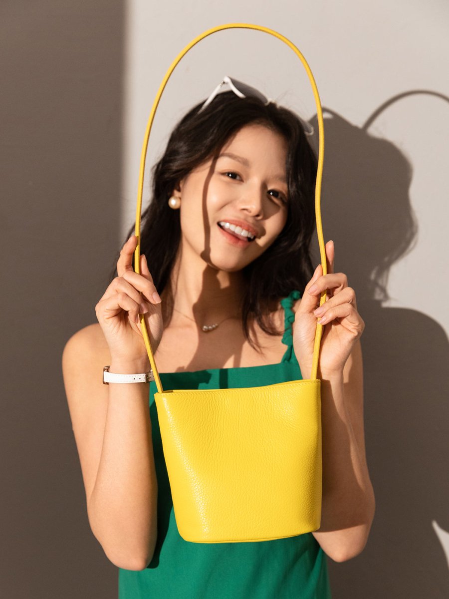 Thin Strap Waterproof Leather Bucket Bag – Minimalist Pebbled Leather Shoulder Bag with Knotted Detail
