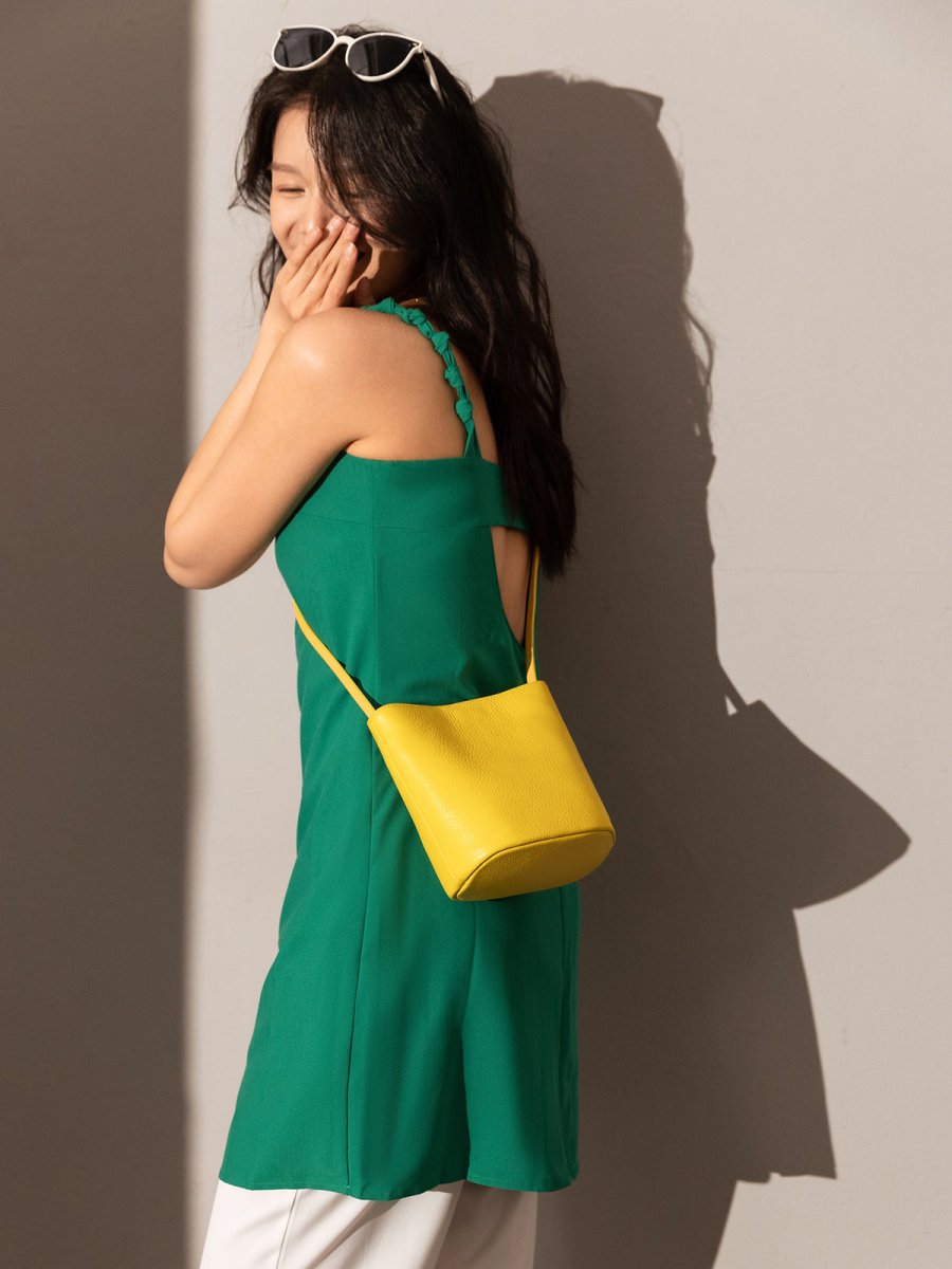 Thin Strap Waterproof Leather Bucket Bag – Minimalist Pebbled Leather Shoulder Bag with Knotted Detail