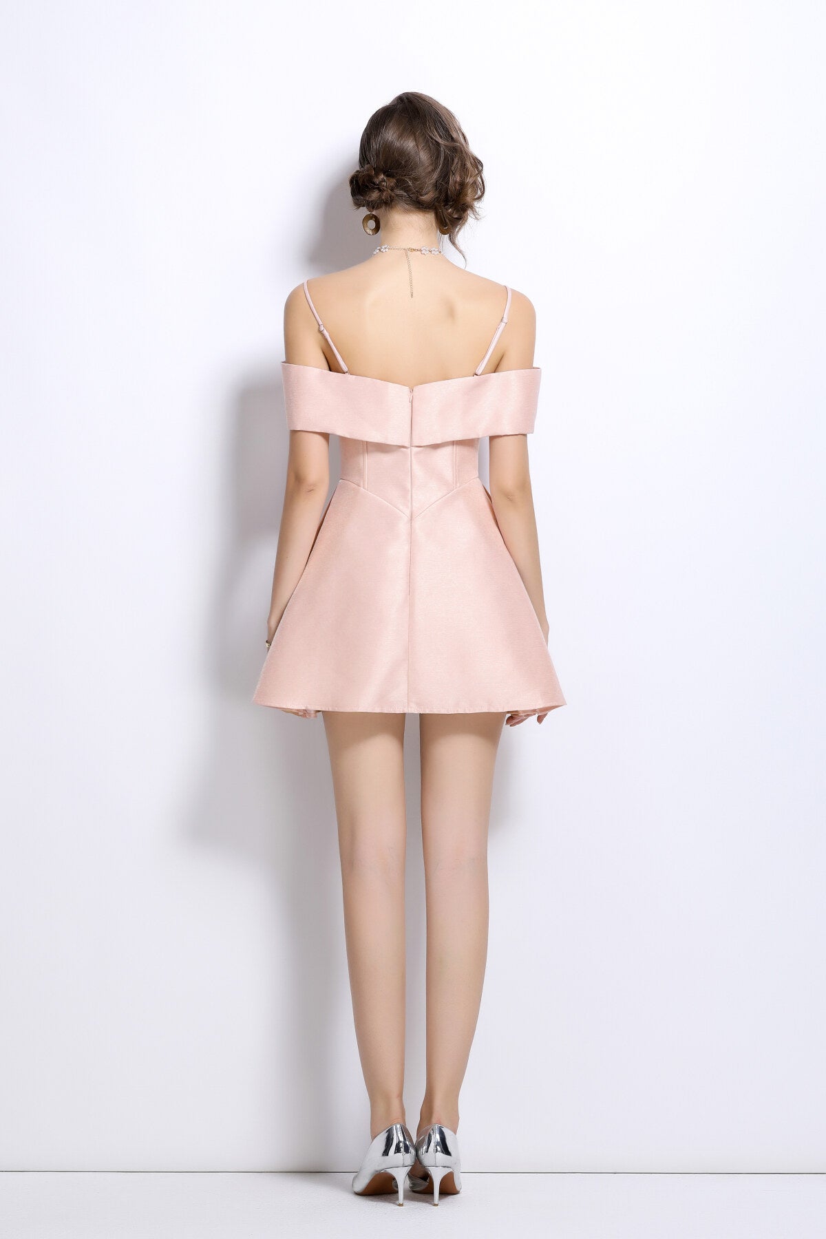 three dimensional bow spaghetti strap bodice off shoulder dress all pink 4