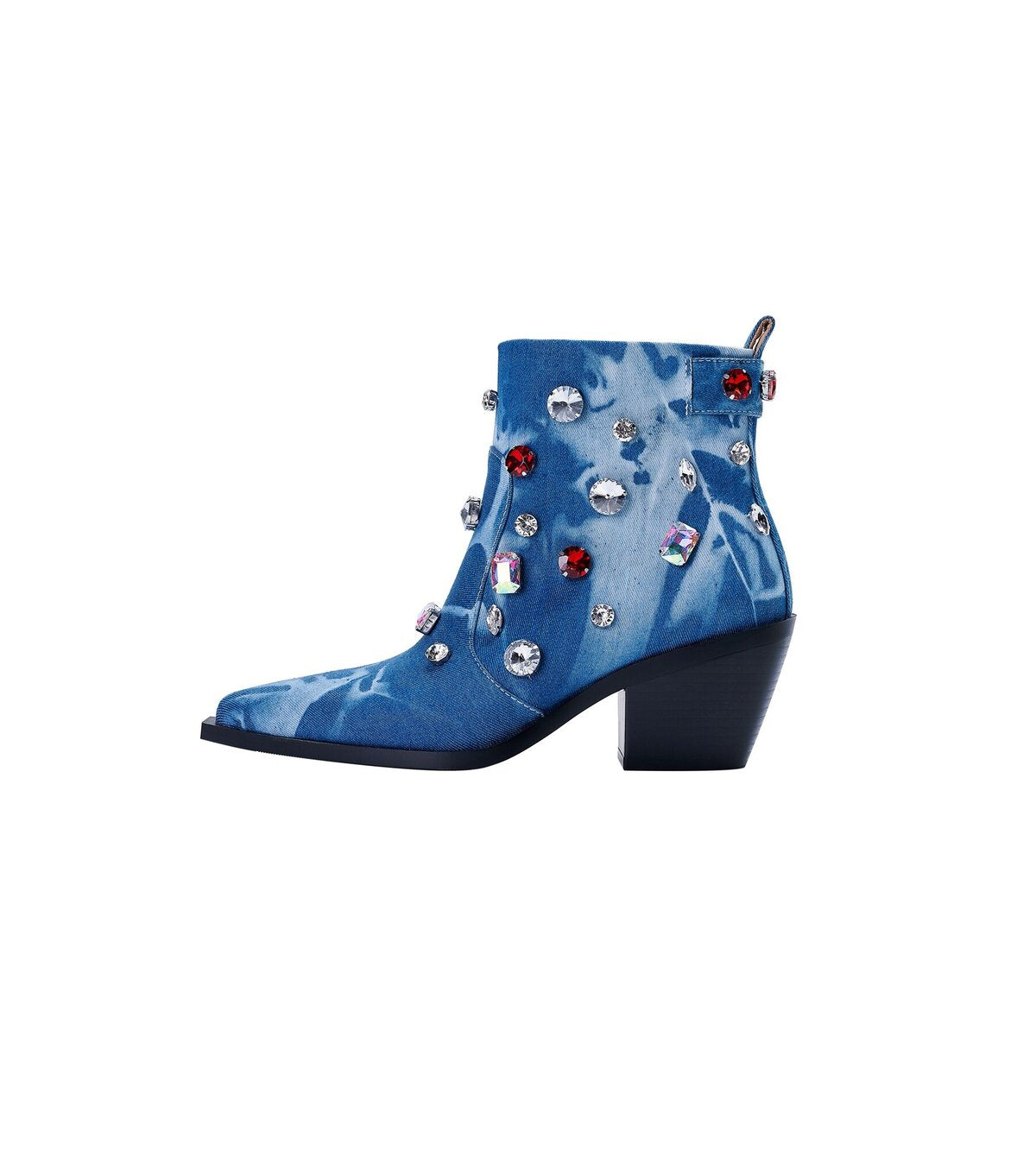 Tie Dye Denim Crystal Embellished Western Ankle Boots