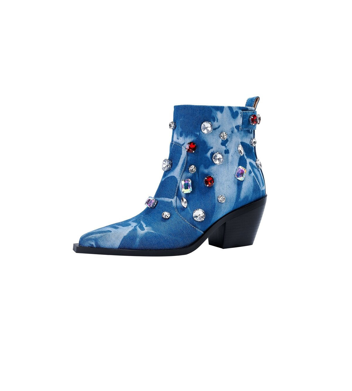 Tie Dye Denim Crystal Embellished Western Ankle Boots