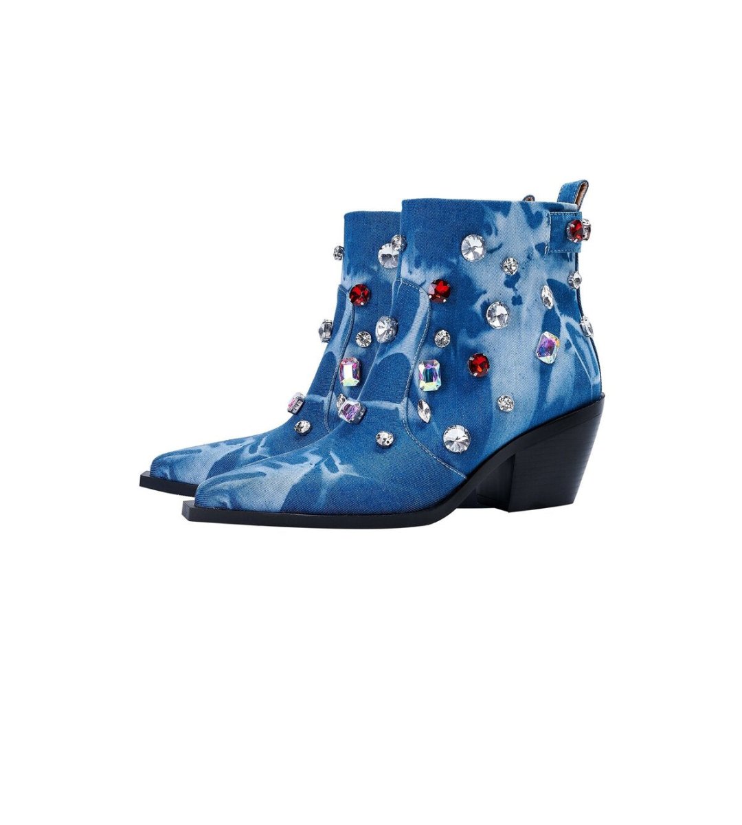 Tie Dye Denim Crystal Embellished Western Ankle Boots