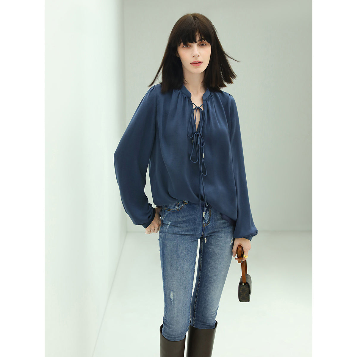 tie front top sheer navy silk shirt all navy 1