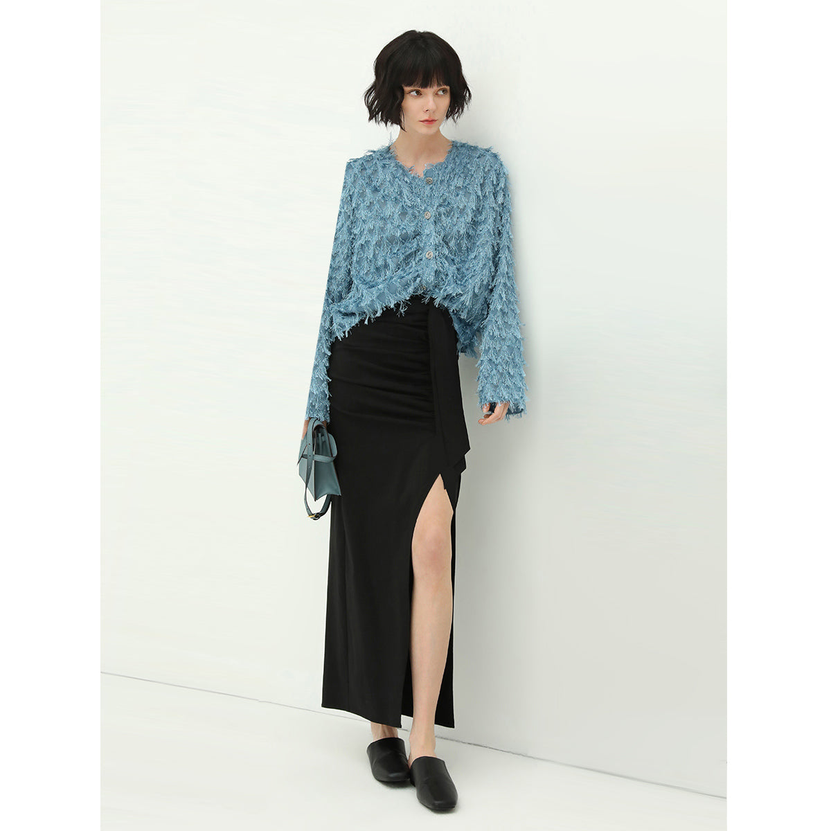 tie waist black wrap skirt with side slit all black 3