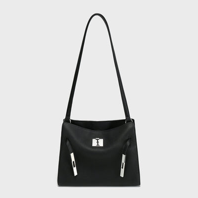 TOGO Leather Turn-Lock Slouchy Tote – Soft Shoulder Handbag with Metal Accent Straps
