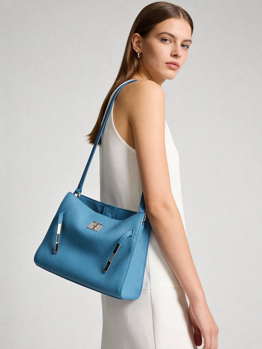 TOGO Leather Turn-Lock Slouchy Tote – Soft Shoulder Handbag with Metal Accent Straps